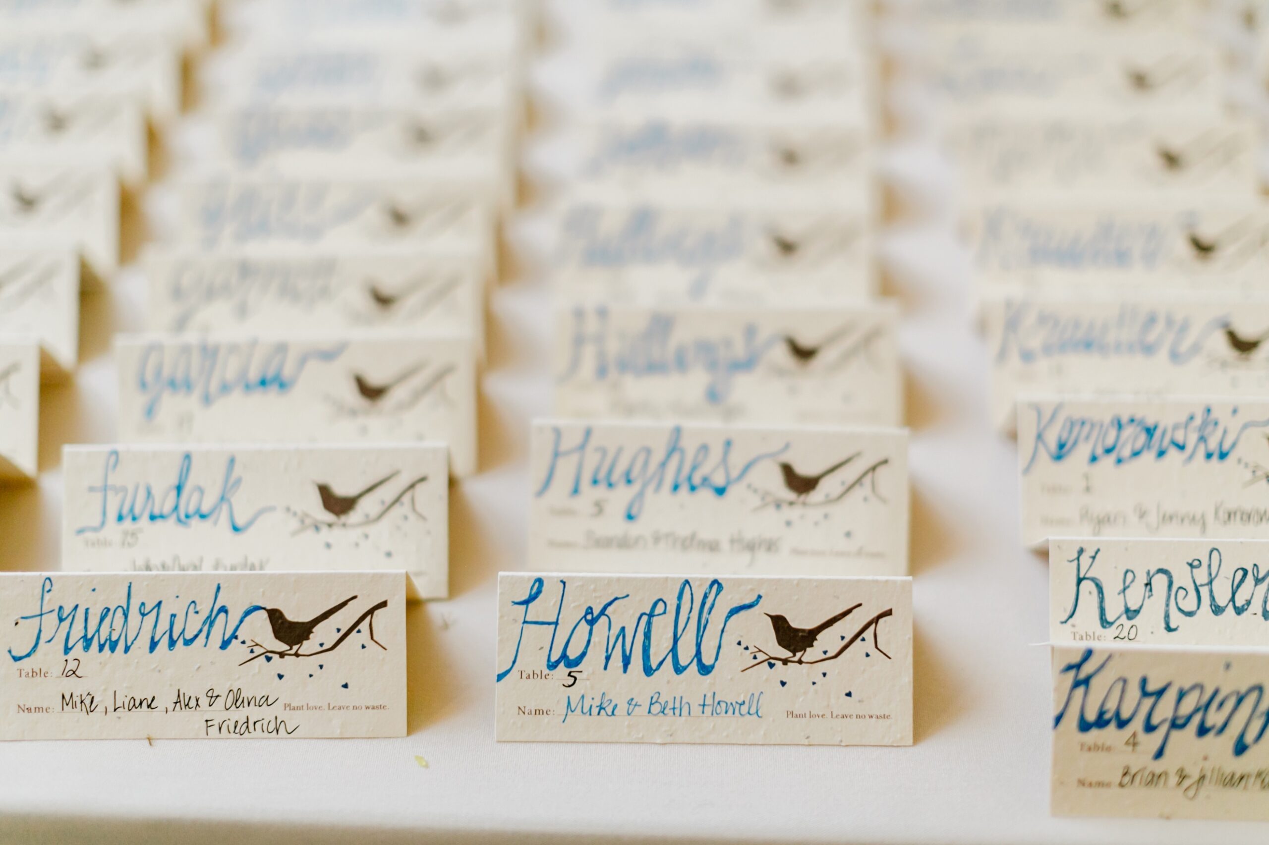 Hand calligraphy place settings for a whimsical wedding reception