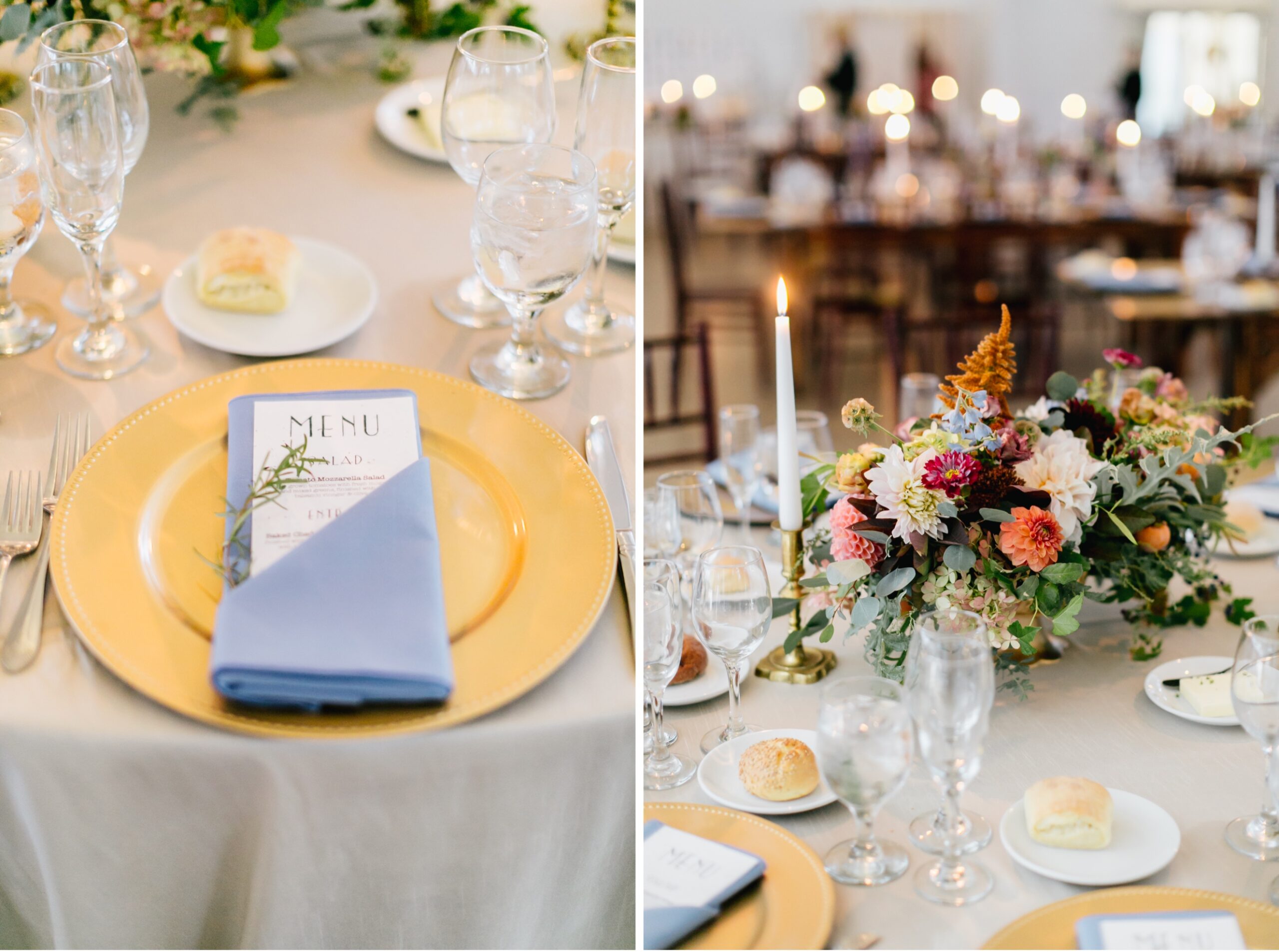 Eclectic table decor at a whimsical wedding reception
