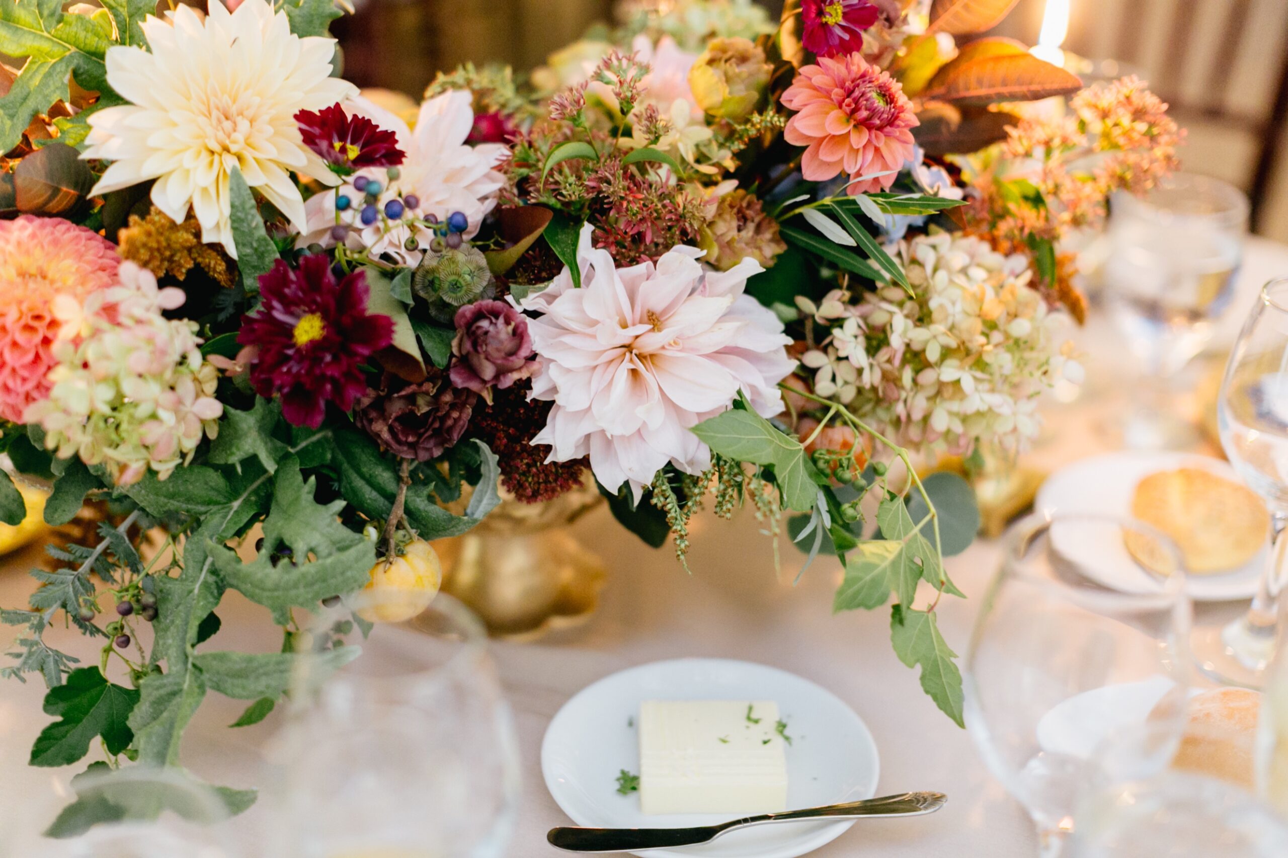 Wildflower inspired floral centerpiece at an eclectic wedding reception in Philadelphia