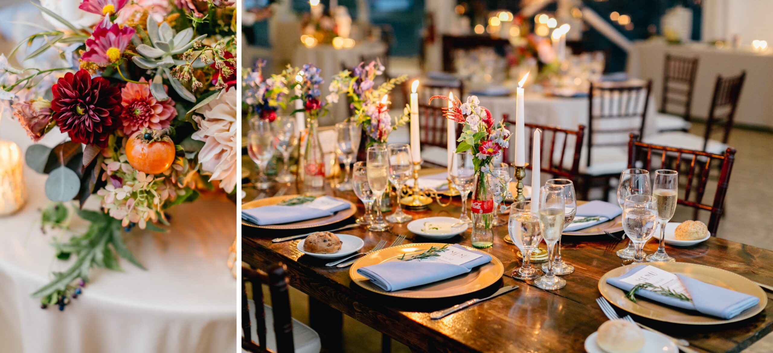 Candlelit reception with bud vases and bright flowers