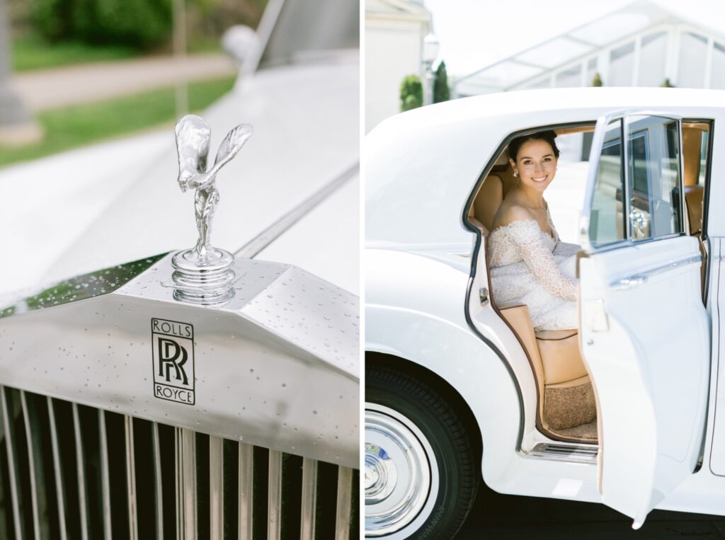 Classic bride in a Rolls Royce on a elegant spring wedding day in Pennsylvania