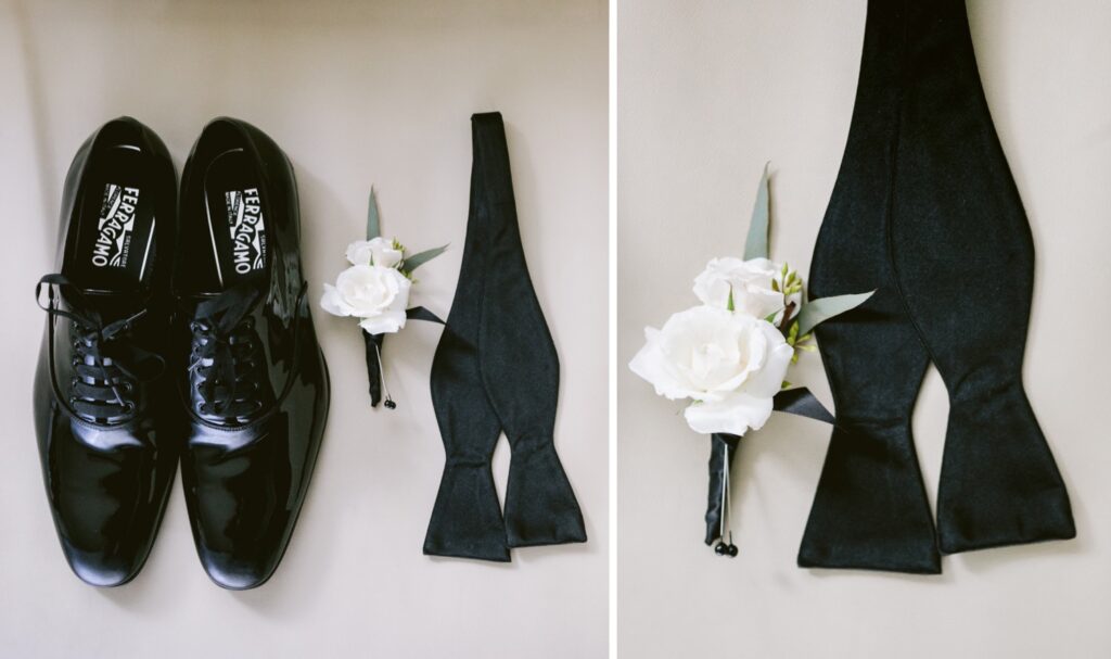Groom's Ferragamo wedding shoes and classic black bowtie