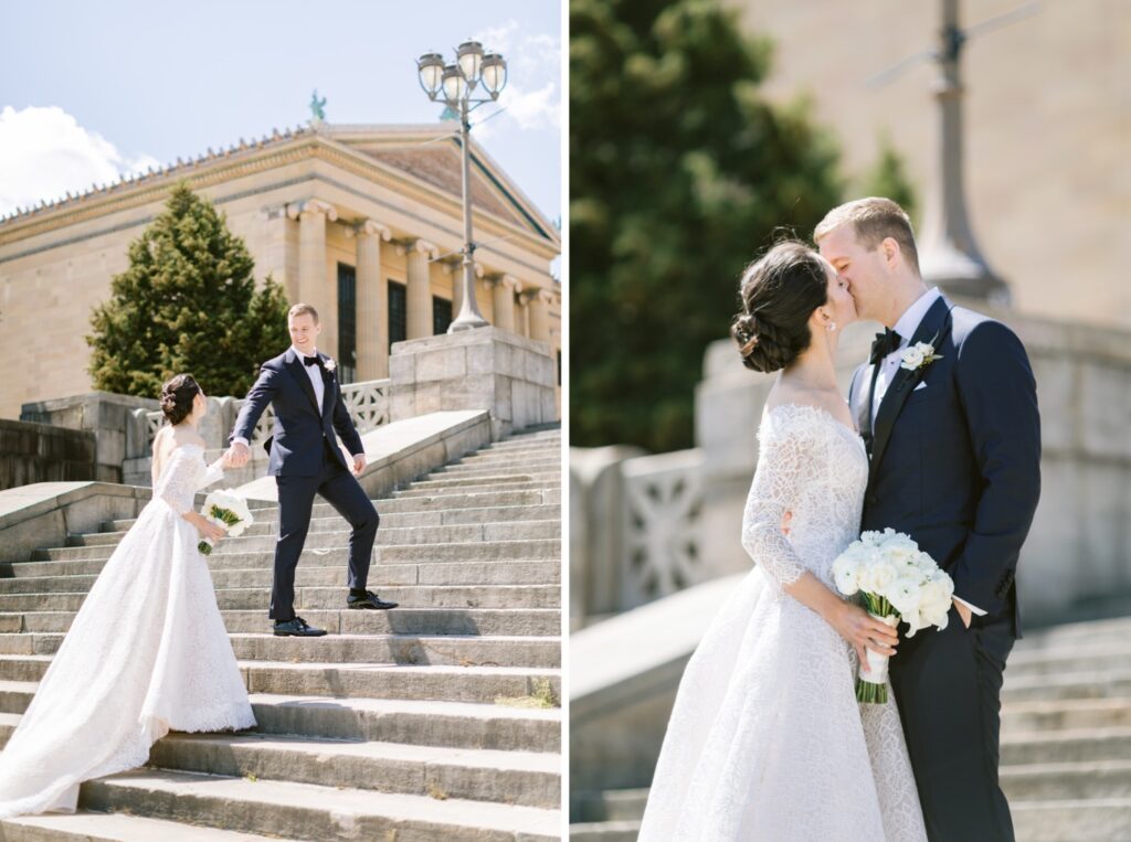 Bride and groom walking up the Art Museum steps on their timeless wedding day in Philadelphia