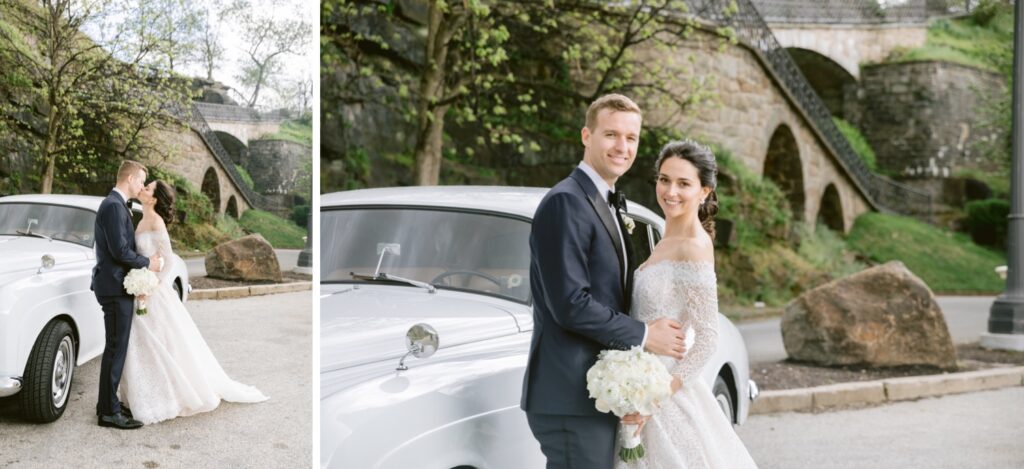 Bride and groom with a classic car at an elegant art museum wedding