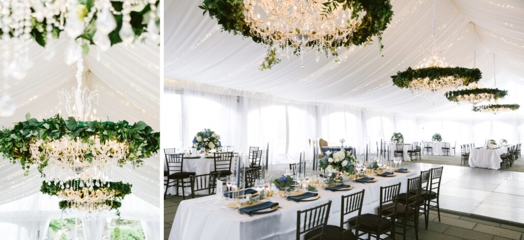 Water Works tented reception with blue details and chandeliers with greenery