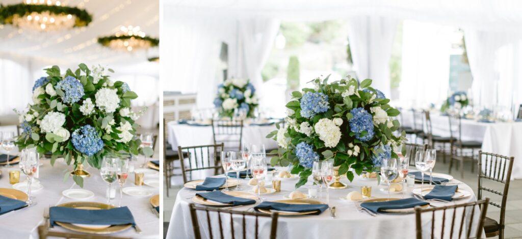 Low flower arrangements with blue hydrangeas at a timeless wedding reception in Philadelphia