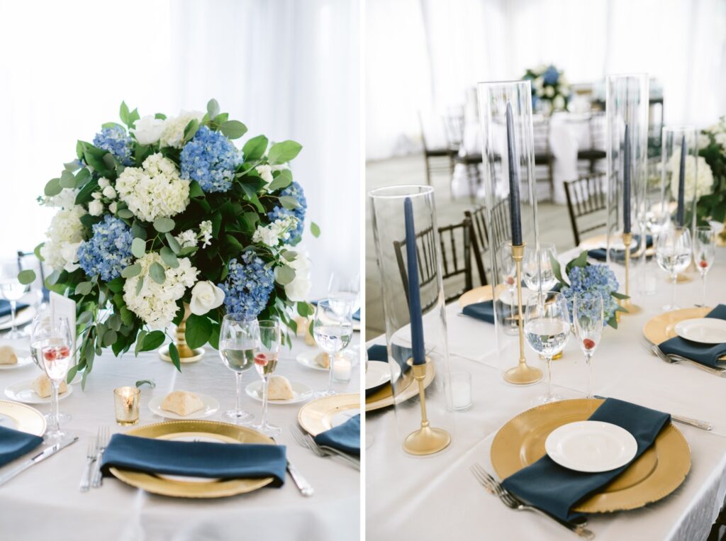 Blue tablescape with hydrangeas at an elegant Art Museum wedding reception