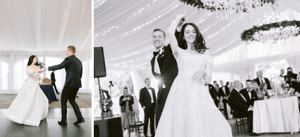 Bride and groom's first dance at a timeless wedding reception at Water Works