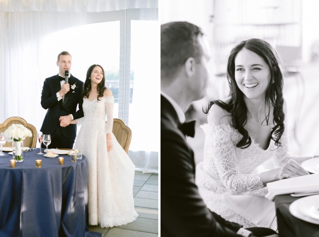 Newlyweds give a speech at a timeless art museum wedding reception