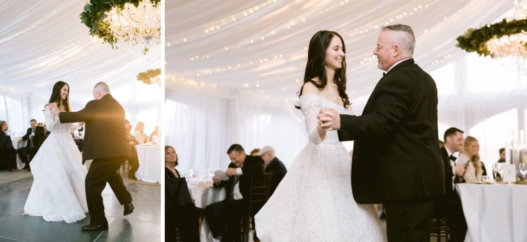 Bride dances with her father under twinkle lights at a spring wedding reception in Philadelphia