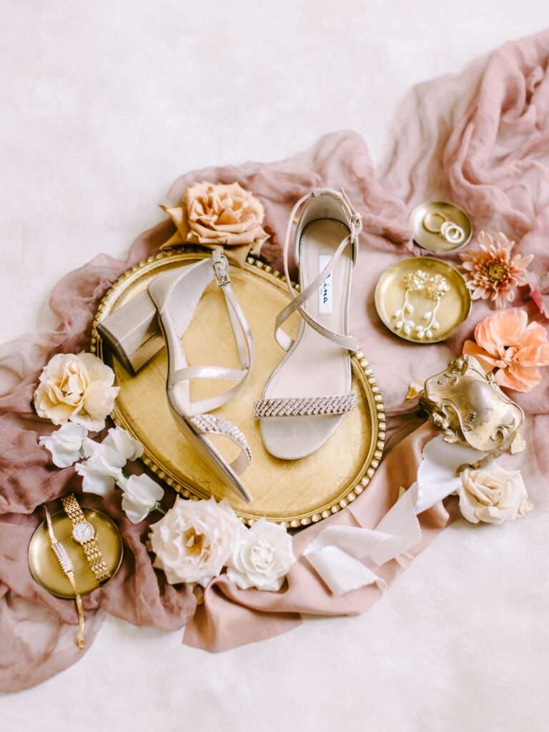 Bride's shoes and jewelry before a romantic wedding day on the Main Line
