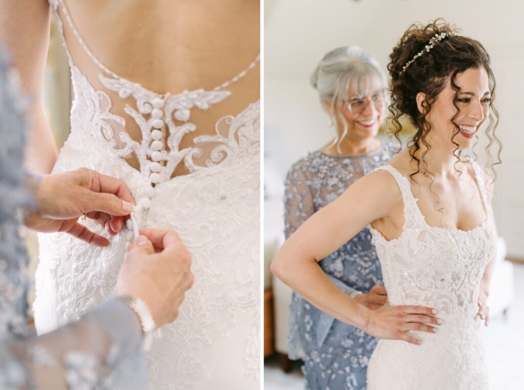 Bride getting into her dress while getting ready for a enchanting wedding by Philadelphia photographer Emily Wren Photography