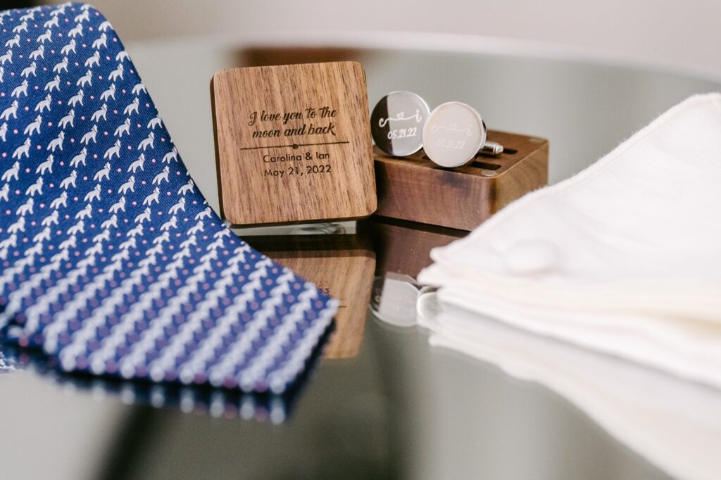 Groom's cufflinks and tie before a enchanting wedding day