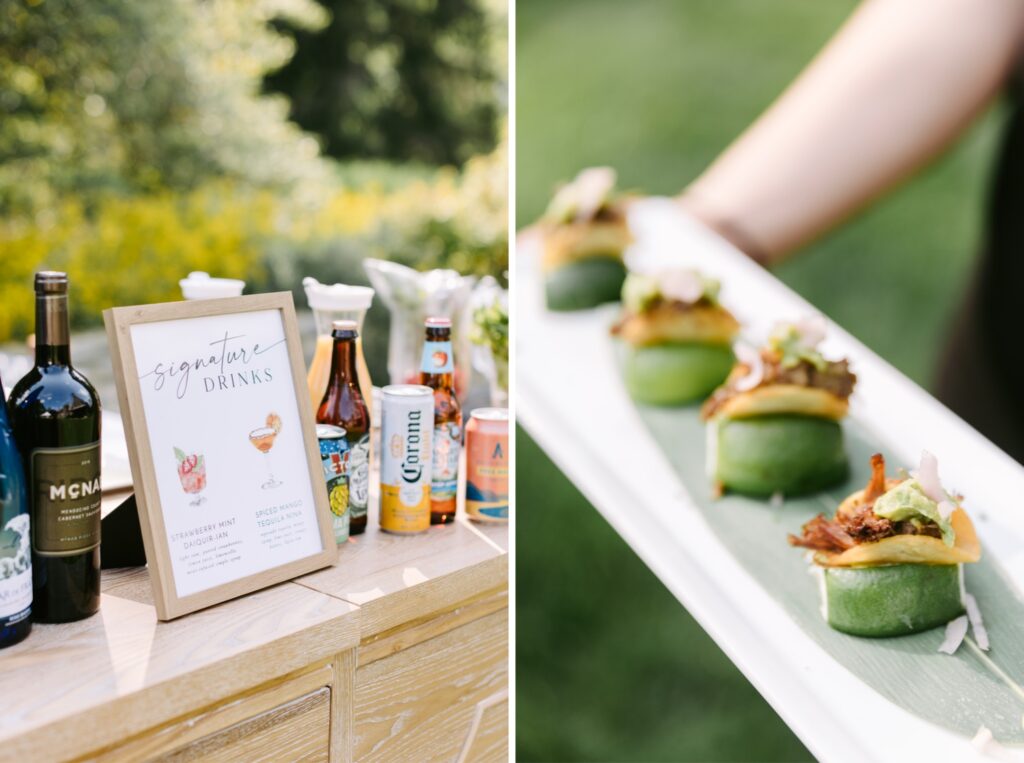 Cocktail hour food and drinks at a backyard spring wedding by Main Line photographer Emily Wren Photography