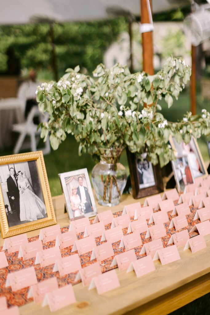 Colorful place cards for a bright spring backyard wedding reception on the Main Line