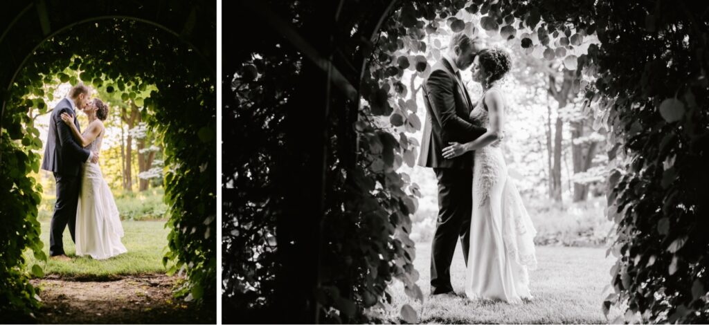 Newlyweds during a couple's portrait session after a colorful romantic backyard wedding ceremony