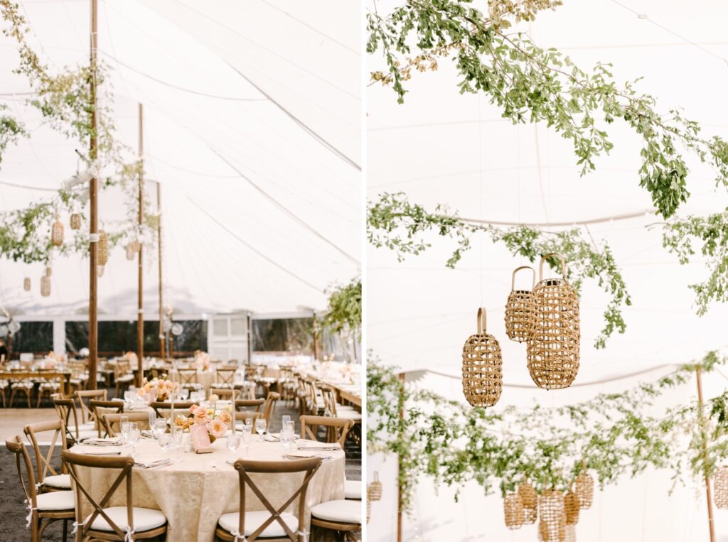 Greenery and wicker details at a luxury tented wedding reception in Wayne, Pennsylvania