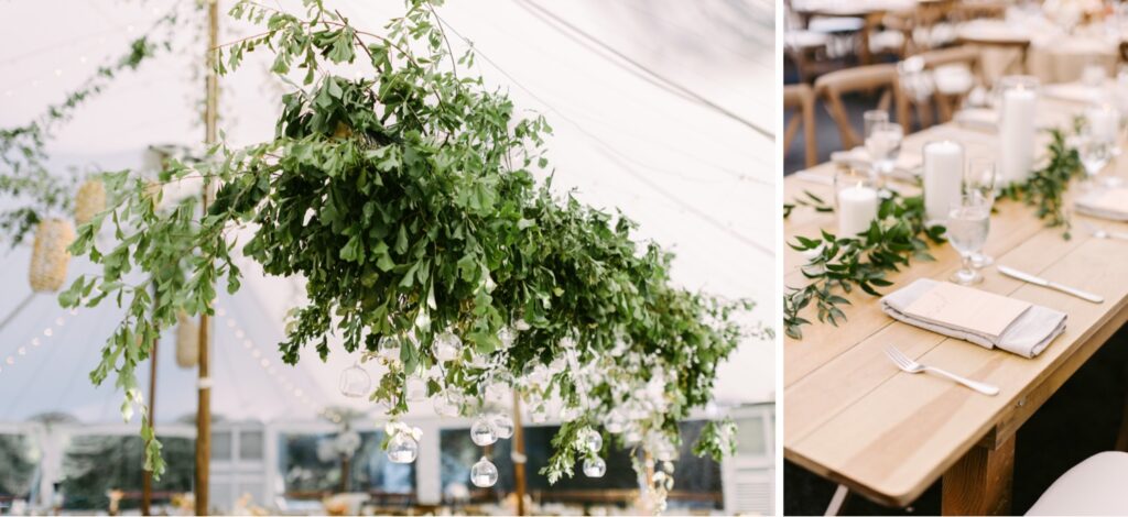 Ceiling greenery and menus at a enchanting backyard wedding reception on the Main Line in Pennsylvania