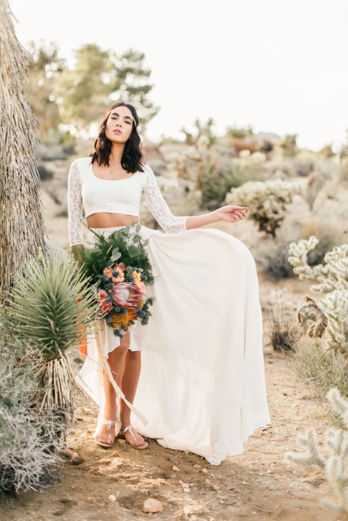 Bride in a casual wedding dress for a desert destination wedding