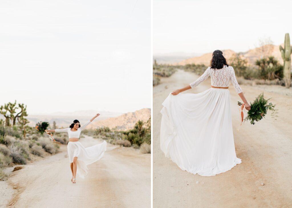 Bride walking down a desert road