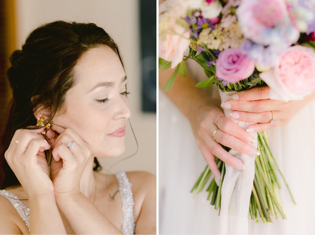 Bride putting on her earrings while getting ready for a tropical wedding