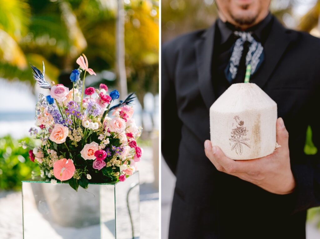 Flower arrangements for a modern wedding ceremony on the beach in Mexico