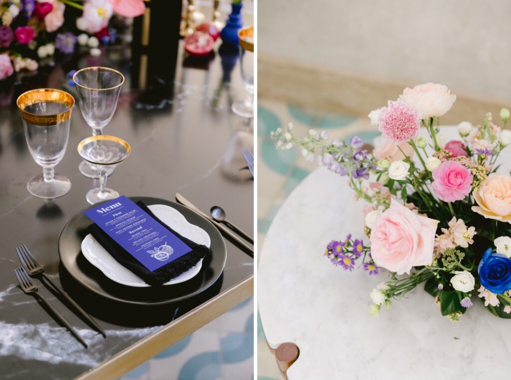Reception table decor with contemporary vibrant colors by Emily Wren Photography