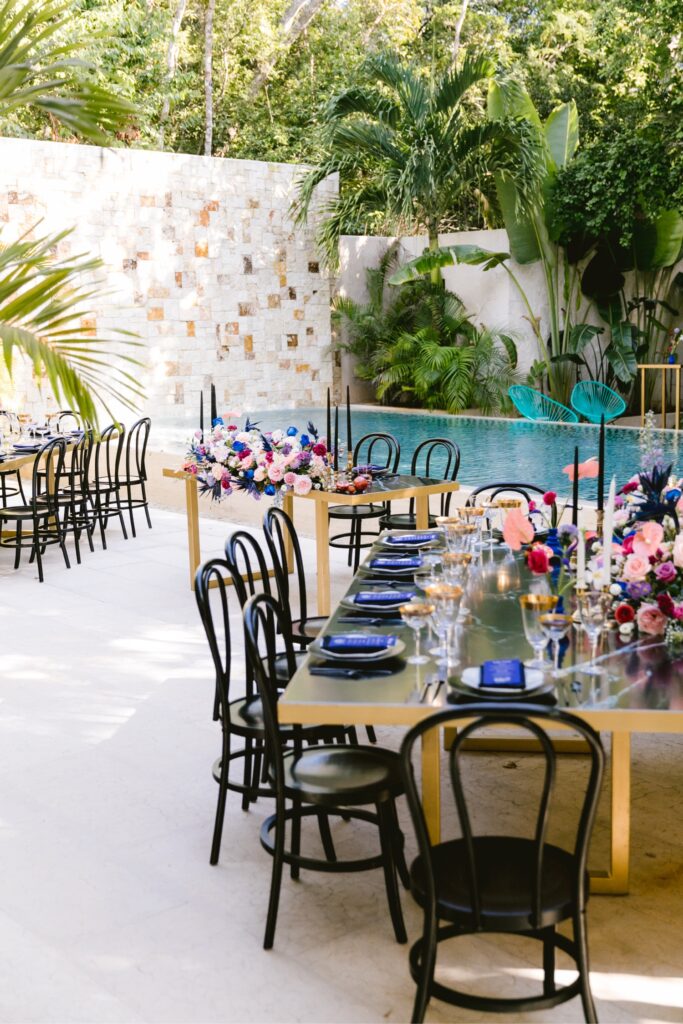 Reception set up at a tropical resort wedding