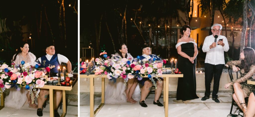 Lesbian couple listens to speeches during their wedding reception by Emily Wren Photography