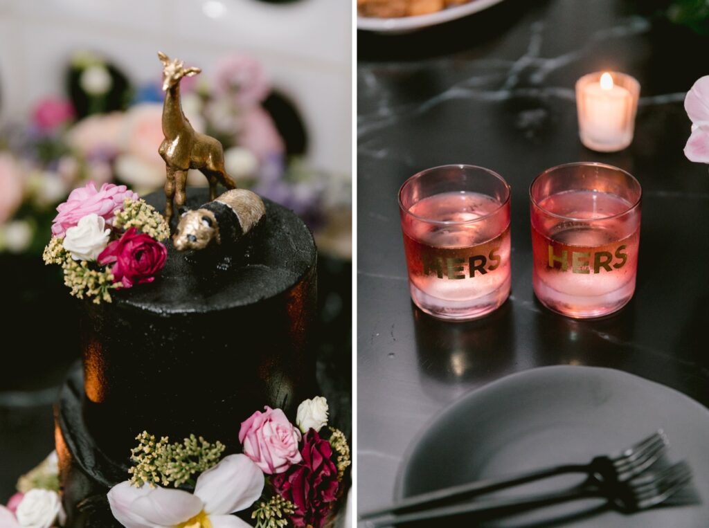 Giraffe wedding cake topper at a bold disco inspired wedding reception