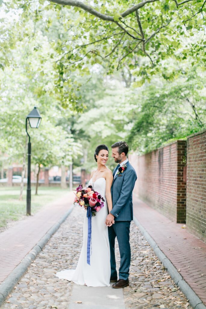 Bride and groom portrait at Independence Park in Philadelphia