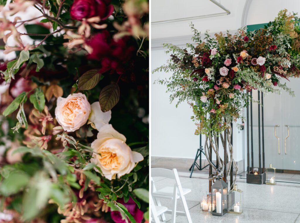 Modern wedding ceremony arch with bold flowers