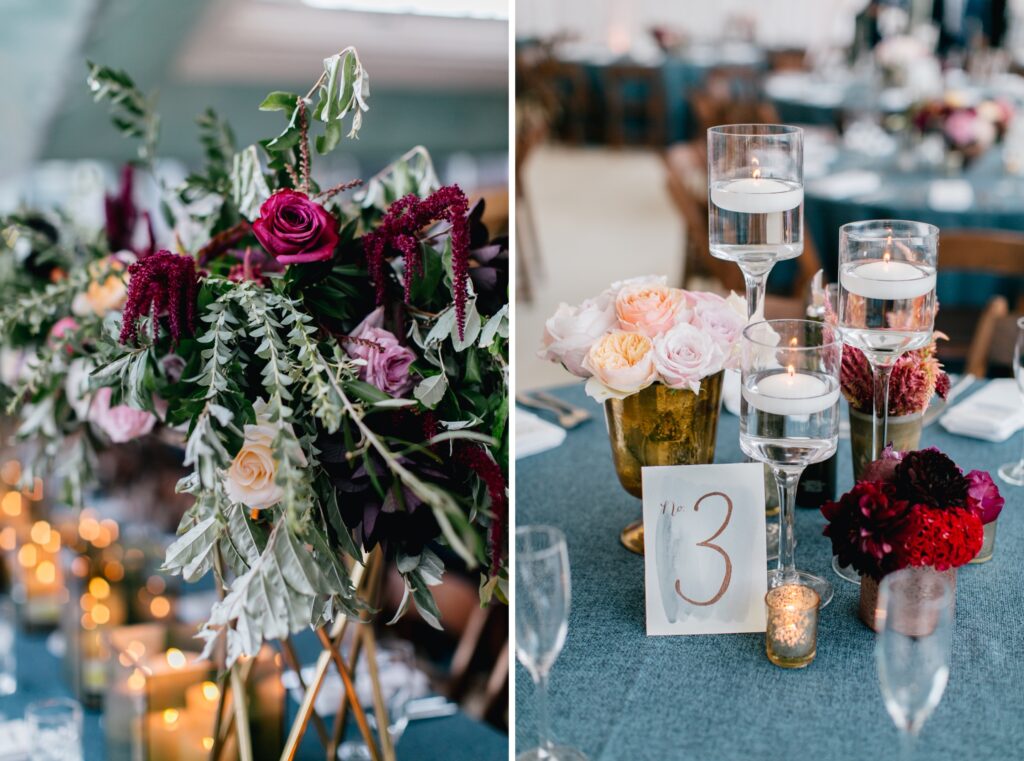 Floating candles and gold bud vases with bright flowers