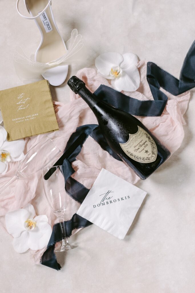 Champagne and custom napkins for a luxury wedding in Philadelphia