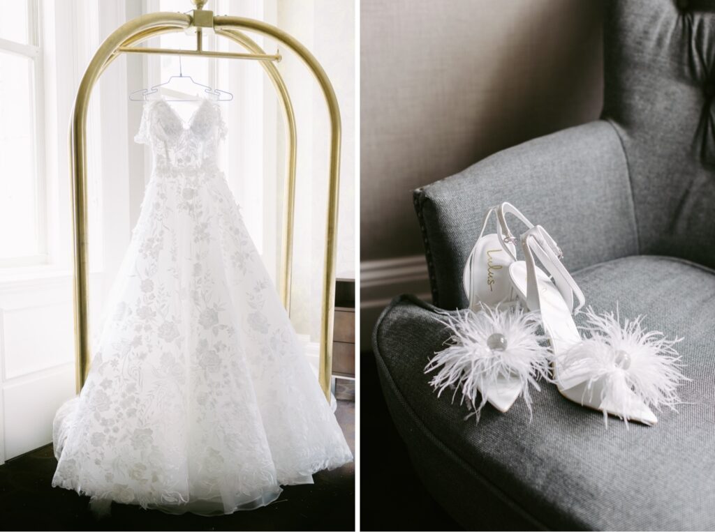 Wedding gown and wedding shoes with ostrich feathers