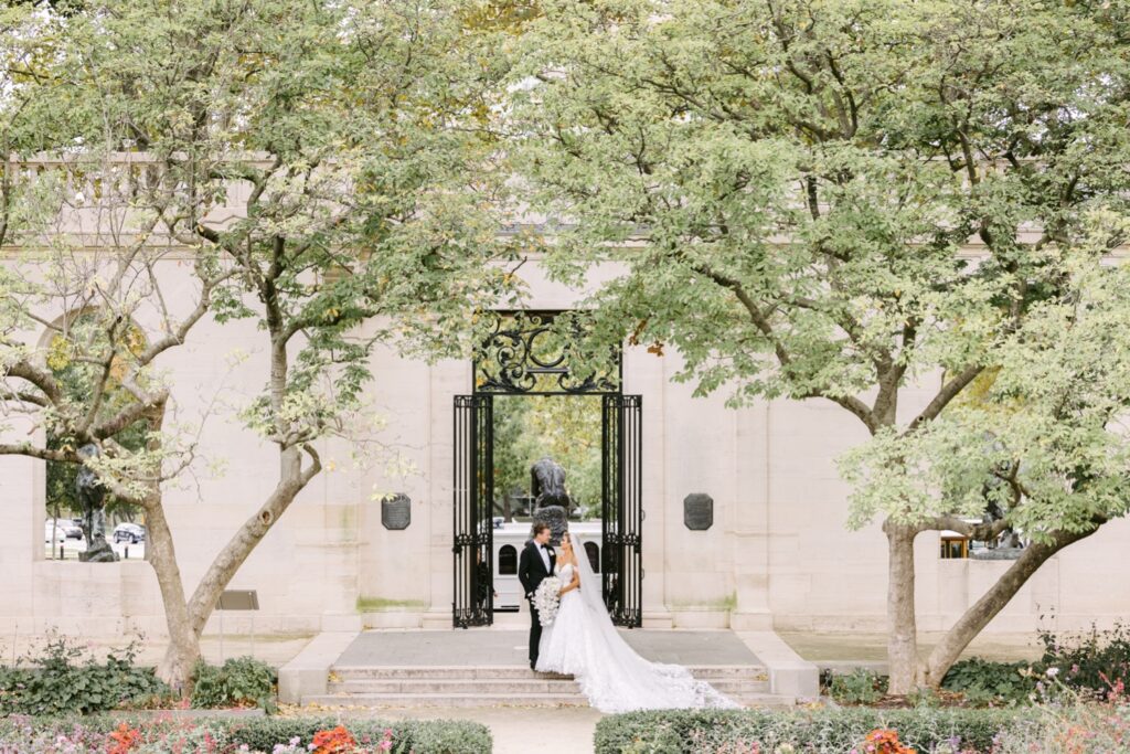 Bride and groom inside the Rodin Museum by Emily Wren Photography