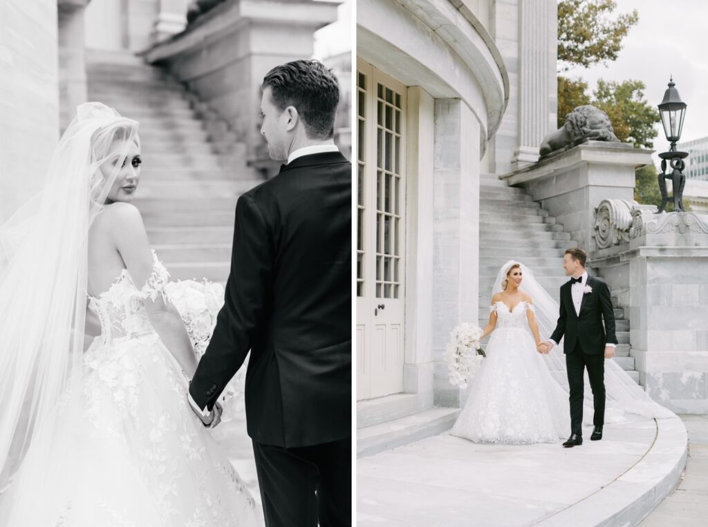 Bride and groom in Old City Philadelphia on their opulent wedding day
