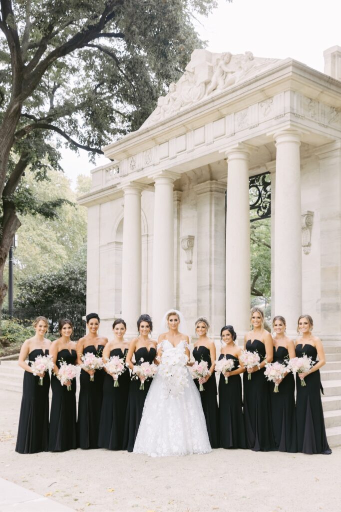 Bride and bridesmaids in front of the Rodin Museum