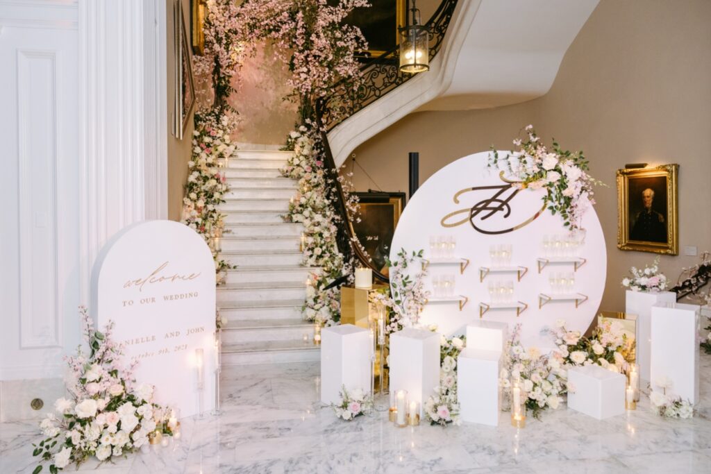 Luxury champagne display and welcome sign for a Union League wedding reception