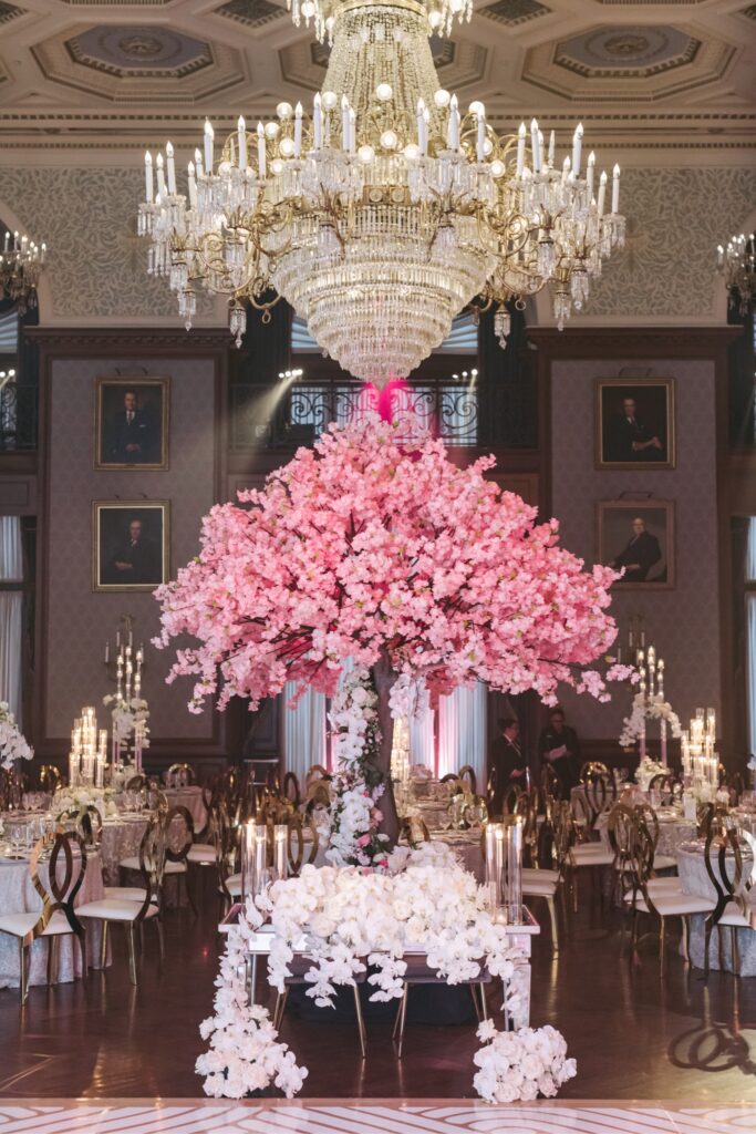 Cherry blossom inspired decor at a luxury wedding reception at the Union League