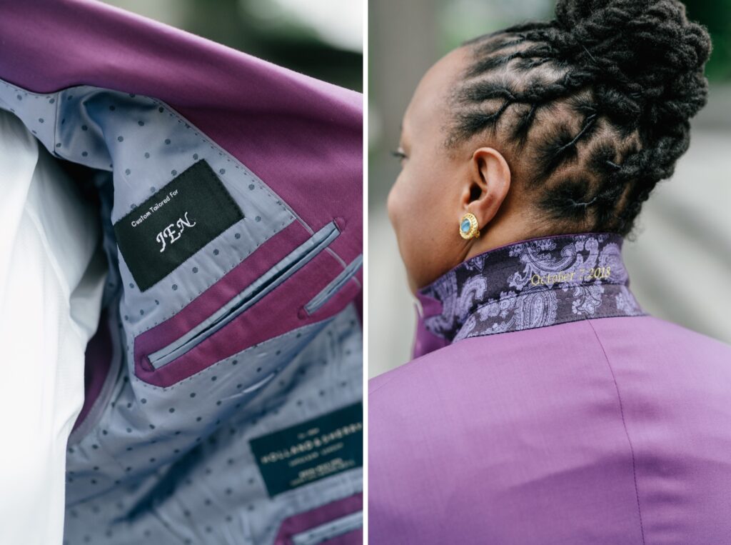 Custom details on a bride's purple suit for a playful interracial wedding