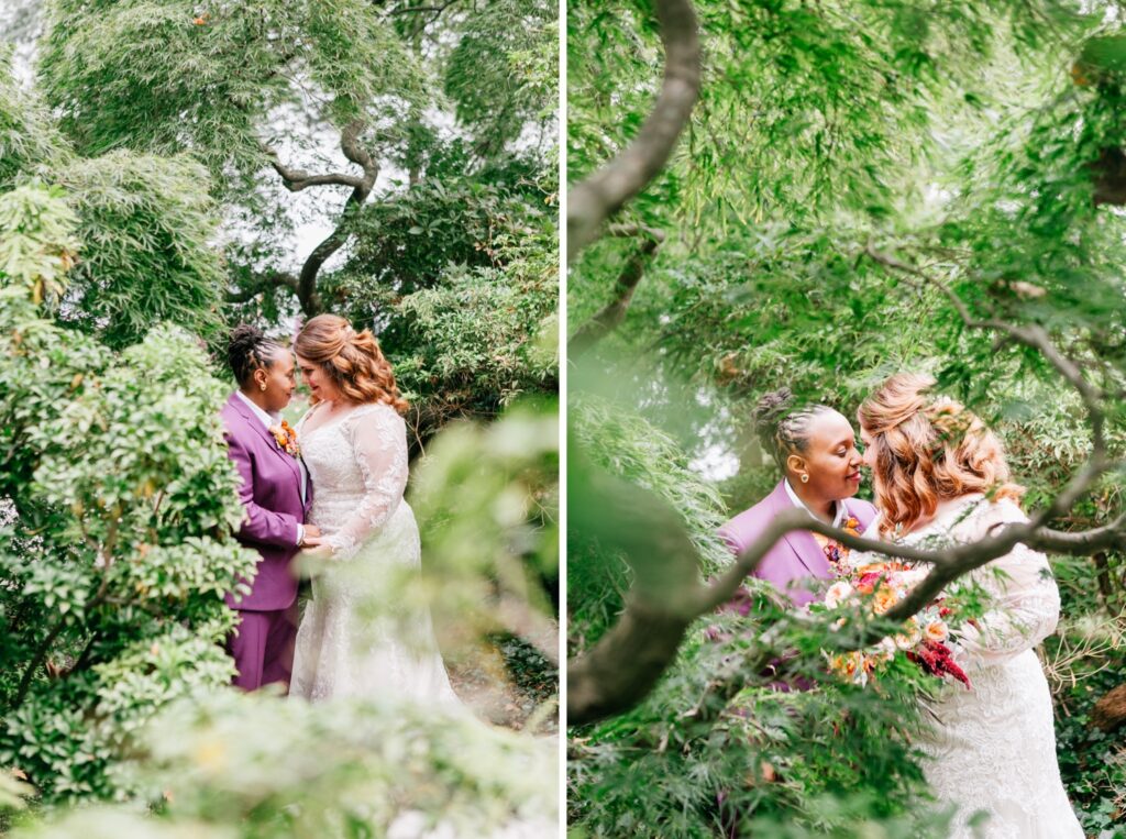 Brides embracing on their playful wedding day in Philadelphia