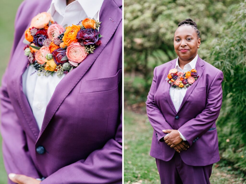 Portrait of a bride in a purple suit with a flower collar
