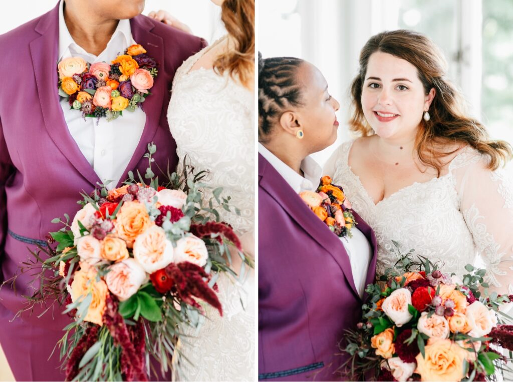 LGBTQ brides embracing during a playful wedding day portrait session
