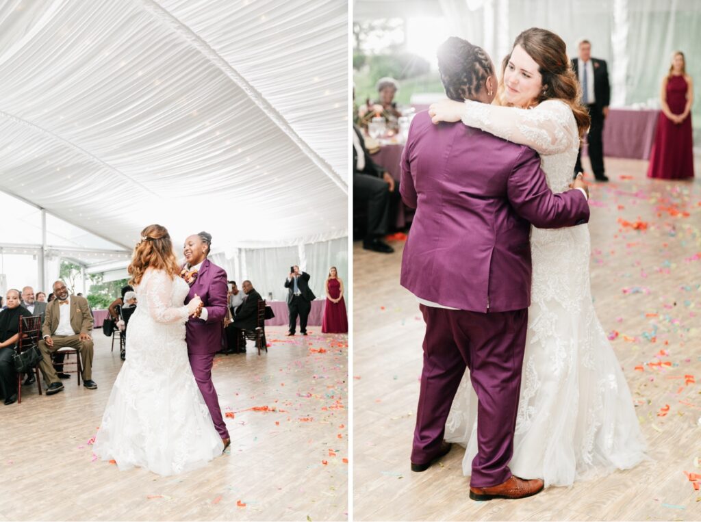 LGBTQ couple's first dance in a tented wedding reception near Philadelphia