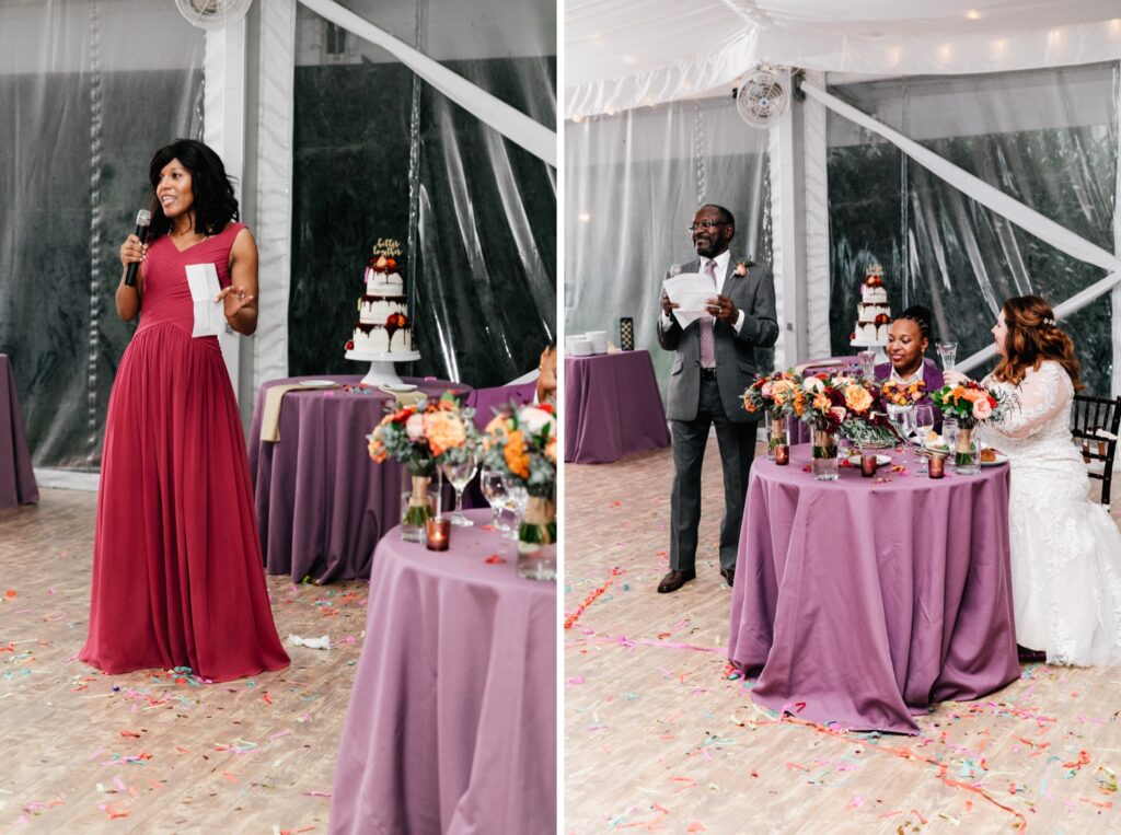 Wedding guest making a toast to the brides during an LGBTQ wedding reception in Pennsylvania