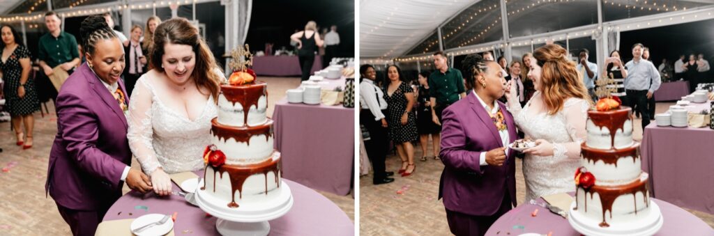 Interracial couple cuts their wedding cake at a colorful LGBTQ reception