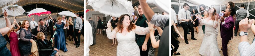 Wedding guests dancing during a LGBTQ tented reception in Pennsylvania