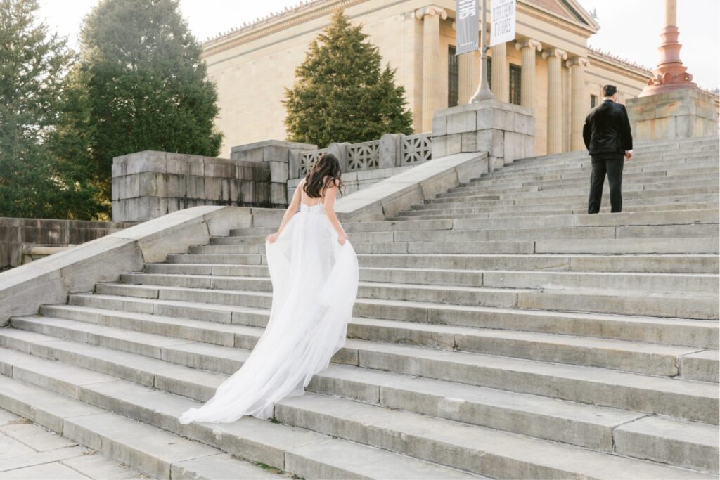 Bride and groom's first look on the steps of the Philadelphia Art Museum