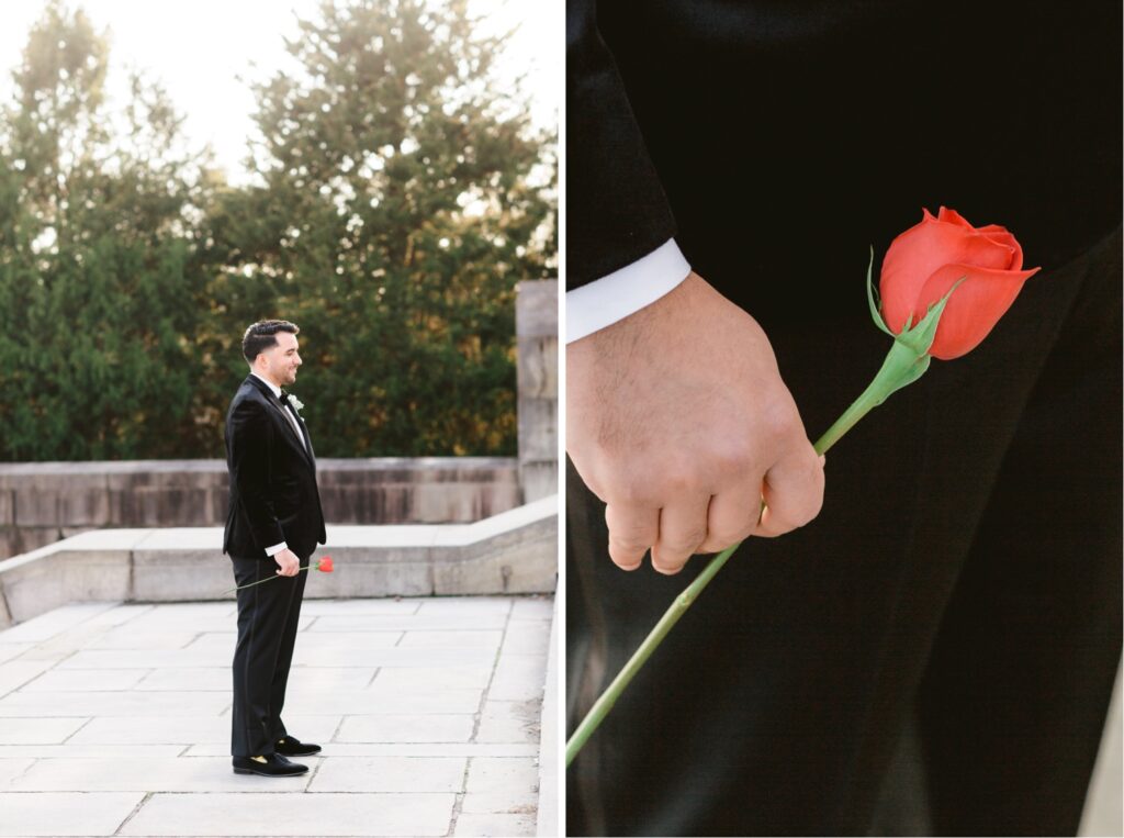 Groom waiting for his bride with a red rose in hand